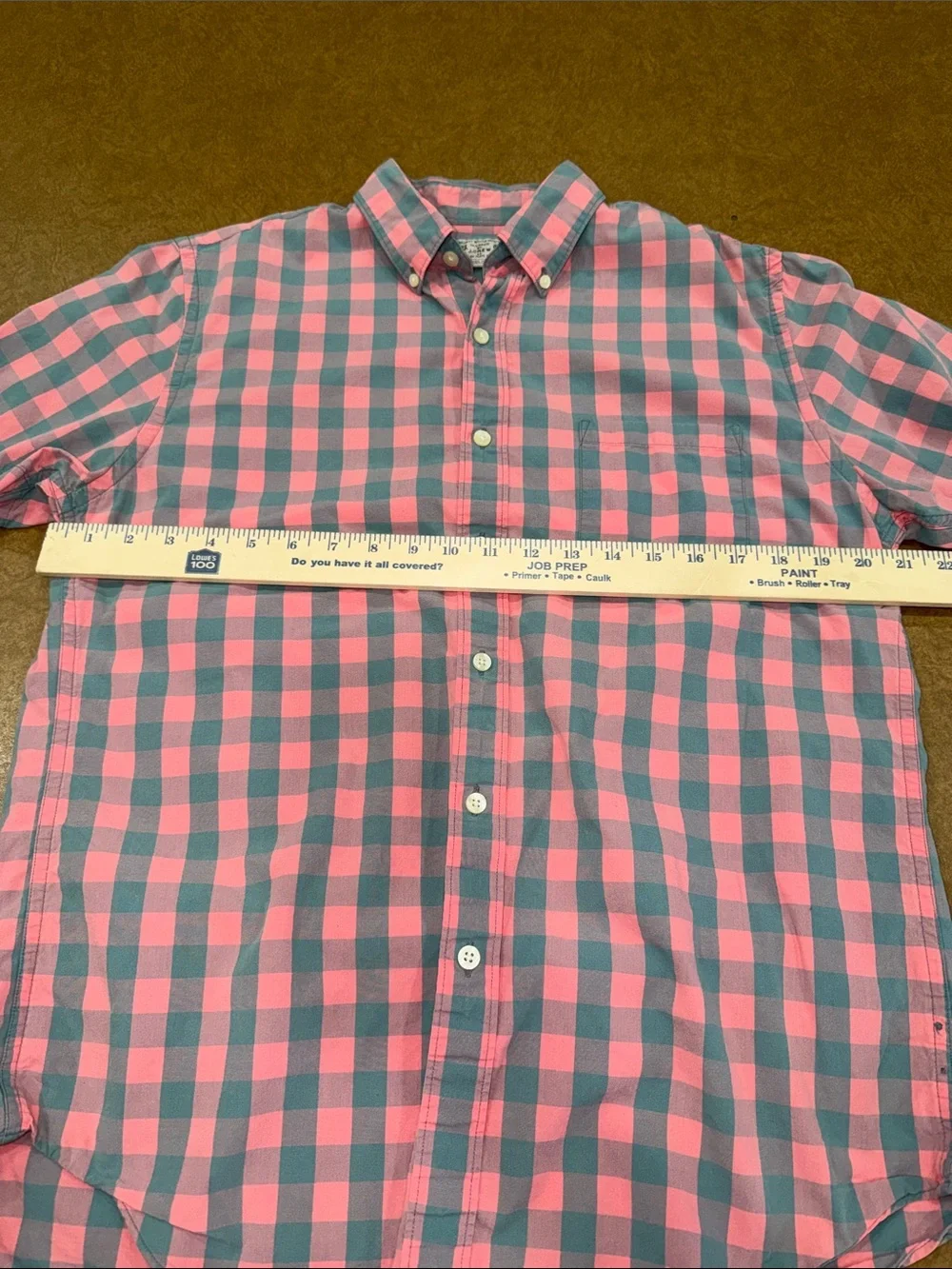 J. Crew Pink and Green-Gray Short-Sleeve Check Button-Down Shirt • Pocket • M